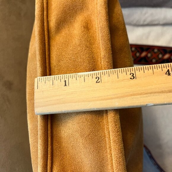 ah-dorned Crossbody Shoulder Bag Camel Faux Suede Reversible Multi Colored Strap - Picture 8 of 8